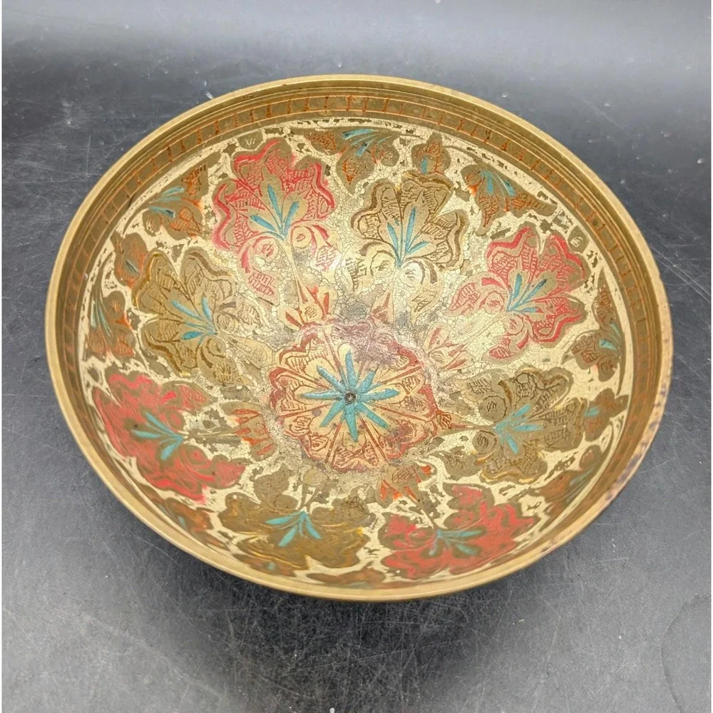 Vintage Hand Painted Brass Floral Bowl Footed Trinket Dish Red Turquoise Gold 3